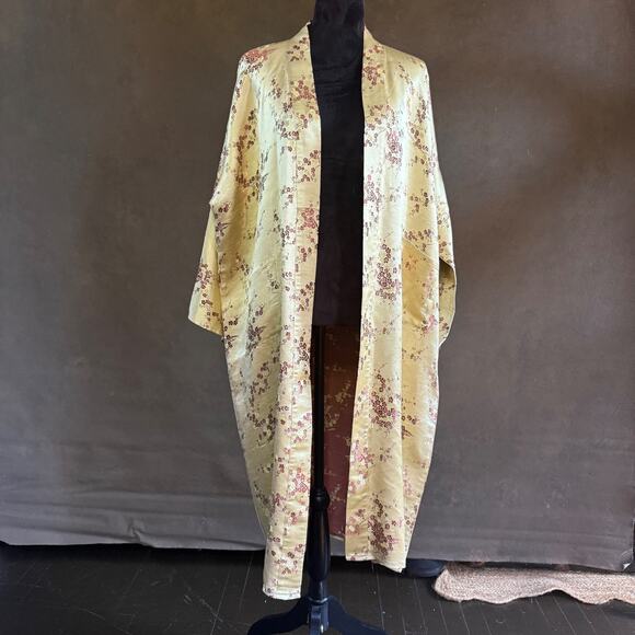 Vintage Asian Silk Satin Robe Jacket Gold Black Embroidered Floral Kimono Coat - Picture 2 of 10